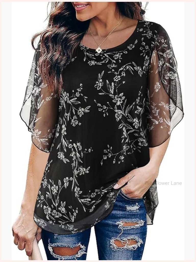 Ruffle 3/4 Sleeve Mesh Blouse - Flowy Stretchy Top